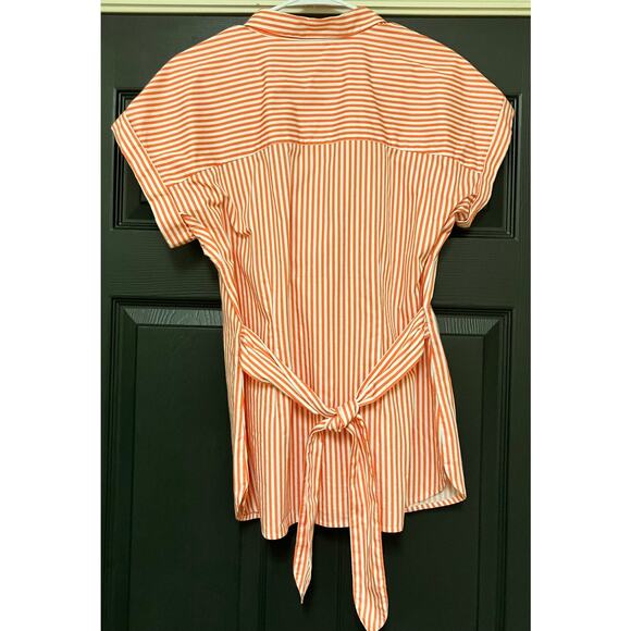 Talbots Medium Womens Blouse Button Up Striped Orange White Short Sleeve Tie - Picture 2 of 6